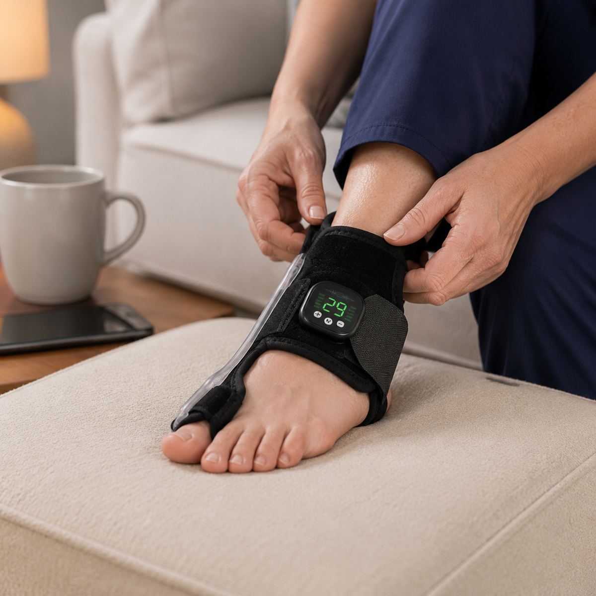 Toe Trainer fitted to a bare foot while seated at home