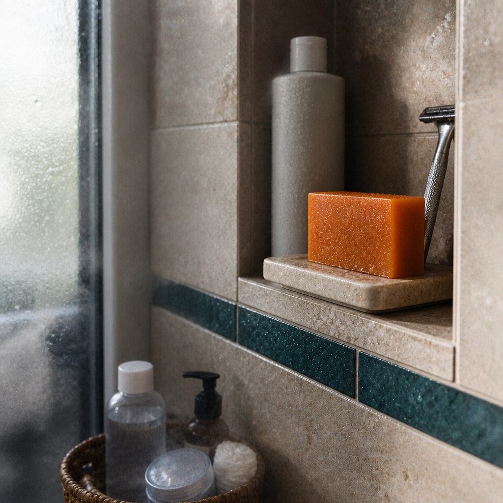 Close-up of the fragrance-free persimmon body bar on a shower shelf