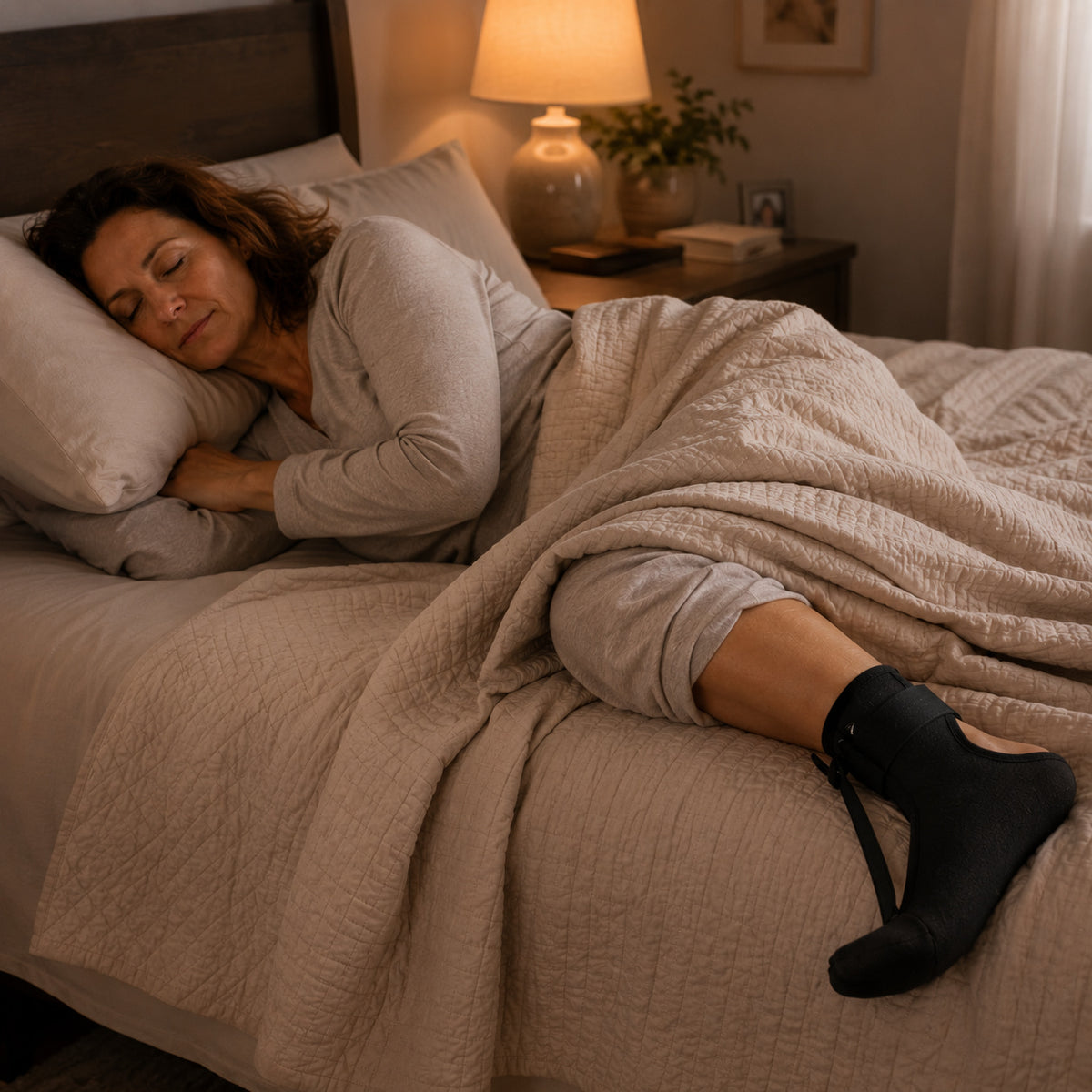 Side-sleeper wearing the splint under a light blanket