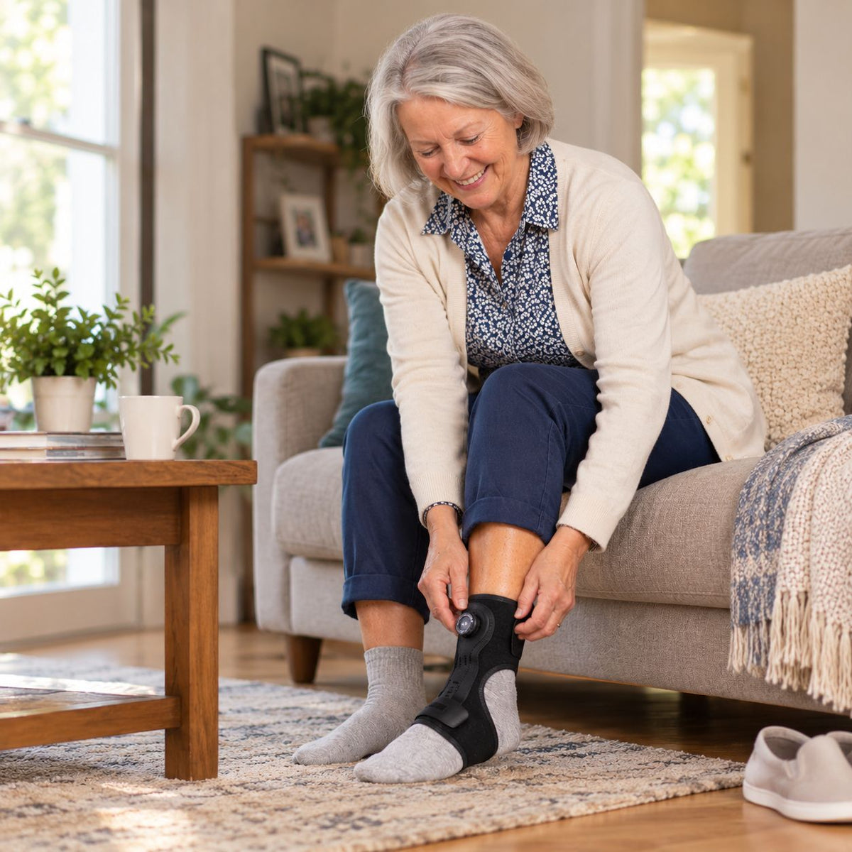 Toe Trainer fitted to a bare foot while seated at home