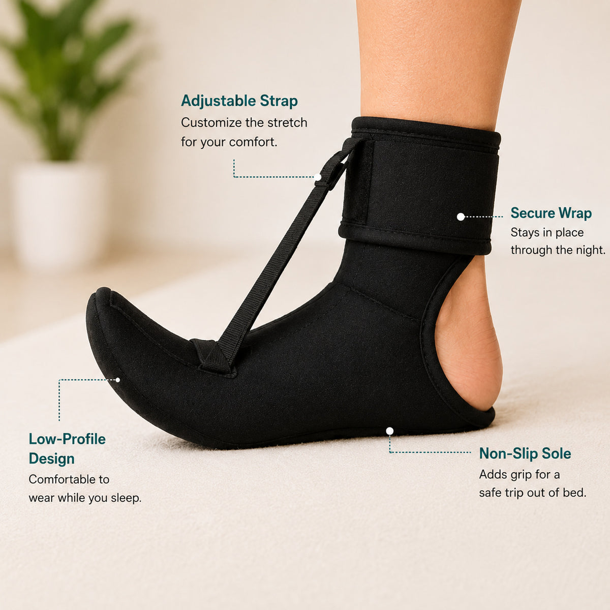 Splint worn on foot, size and fit demonstration